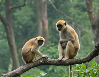 two monkeys sitting on a tree branch in a forest