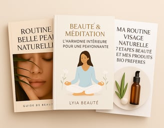 Mockup de trois ebooks beauté affichés en éventail sur une table claire. Les couvertures présentent
