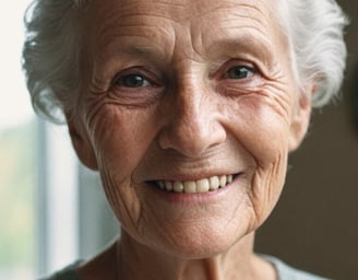 Señora mayor sonriente y gratificada por los servicios de Mnemos