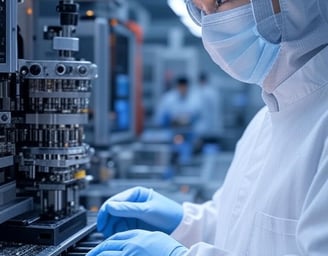a man in a white lab coat and gloves is working on a machine