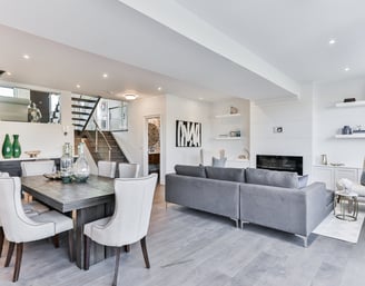 a living room with a couch and a table