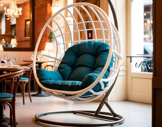 a hanging chair with a blue cushion and a white chair