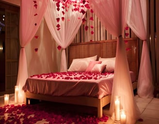 a bed with a canopy bed and candles