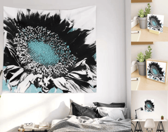 Main image wall tapestry Sunflower design, to right small art prints with sunflower design 