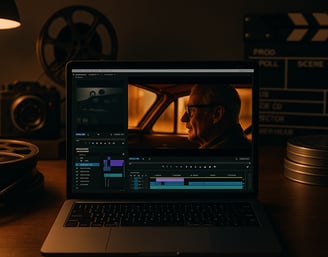 Estación de trabajo cinematográfica con un portátil mostrando una escena en edición, junto a carrete