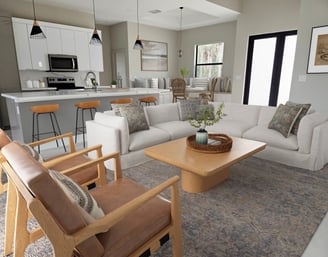 Digitally staged view of living room and kitchen with sofa, dual color kitchen cabinets, calacata 
