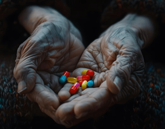 a person holding a handful of pills and pills to show a sign people need medical help