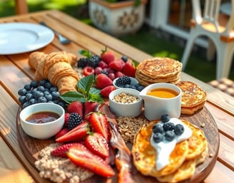 a wooden table with a plate of food and a bowl of fruit