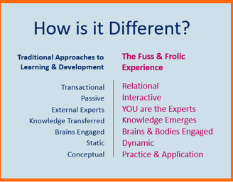 Traditional Approaches to Learning and Development compared to the Fuss & Frolic Experience. 