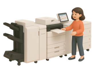 Imprenta gráfica minimalista 3D, mujer feliz usando máquina de impresión digital, servicios de impresión en Lima Perú