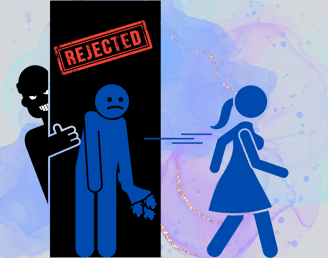 A cartoon of a woman rejecting a man with flowers and his true personality emerging