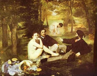 a painting of a group of people sitting on a blanket