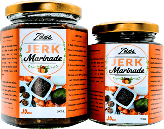 Small and large jars of Zola's Jerk Marinade