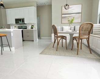 Digitally stage kitchen and breakfast nook with custom seating area