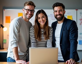 two men and a woman standing in front of a laptop