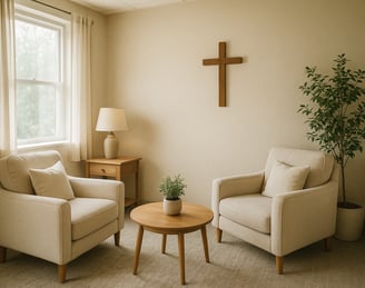 Faith-based counseling office with a cross, books, and warm lighting.