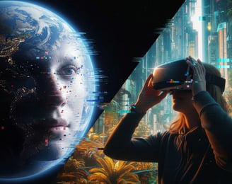 Subtly glitched image of Earth or a human face, suggesting a simulation or virtual reality training ground for consciousness