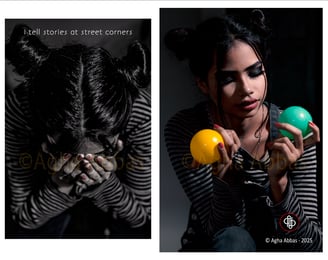 Diptych of a girl with balloons while the other half had head down, holding her face in sorrow.