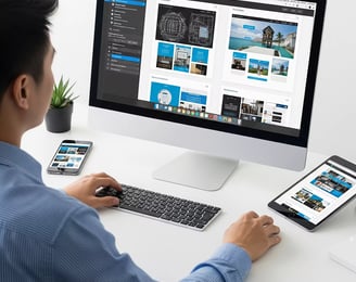 Over-the-shoulder view of designer customizing WordPress theme and website wireframes