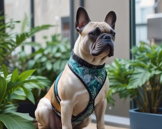 Awith light fur is wearing a green collar with a blue tag that features a QR code. The dog is looking towards a garden area with a metal chair that has tropical-patterned cushions. There is a glass table nearby and leafy plants in the background, suggesting a patio or outdoor setting.