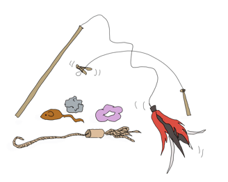 drawing of several cat toys