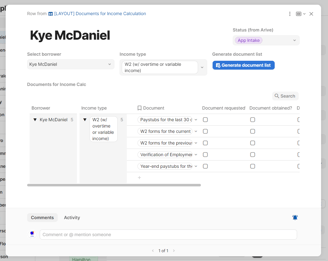 Screenshot of interface where a list of required documents is generated per borrower