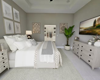 Digitally stage view of master bedroom and walking in closet