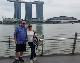 Lady and The Pirate in front of Marina Bay in Singapore