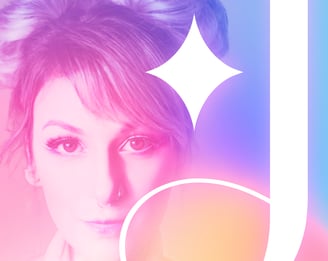 Rosto feminino com brilho e letra J arredondada com fundo degradê rosa, roxo azul e nude