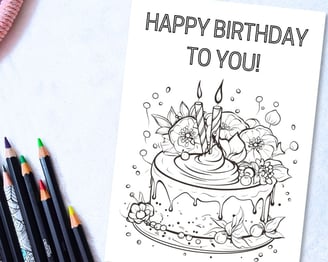 Printable Coloring Birthday Card with a Cake