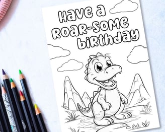 Printable coloring happy birthday card for a boy with a dinosaur
