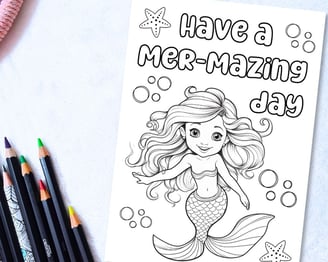 Printable coloring happy birthday card for a girl with a mermaid
