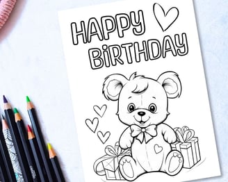 Digital Printable Coloring Happy Birthday Card with a Teddy Bear