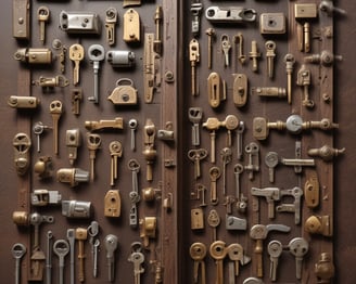 A variety of tools are laid out on a textured surface, including a yellow tape measure, a black and yellow utility knife, an orange-handled cordless drill, silver wrenches, and pliers. The items are arranged in a somewhat scattered fashion, suggesting a workspace environment.