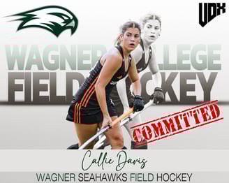 commitment graphic of a woman in a black and white uniform playing field hockey