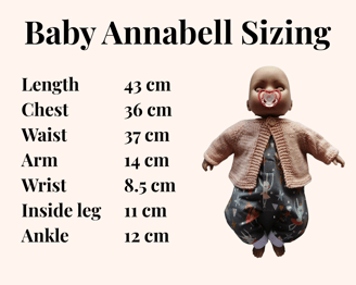 A sizing chart for Baby Annabell dolls