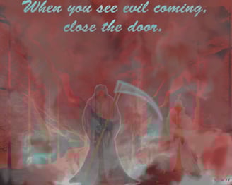 Grim reaper in smoke and fire.