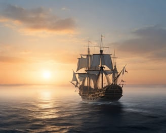 a ship sailing on the ocean at sunset