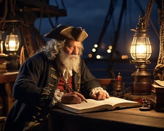 old pirate writing a in a book at night