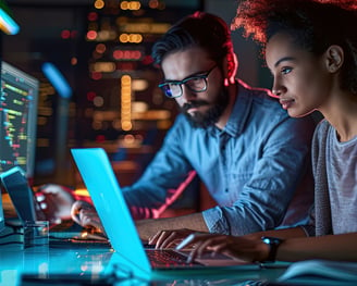 a man and woman working on a laptop computer