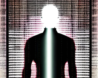 a man standing in front of a large screen with a light shining in the background