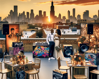 a couple standing on a rooftop deck with a view of the city skyline