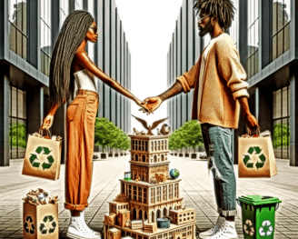 a couple holding hands and holding hands with recycling bins