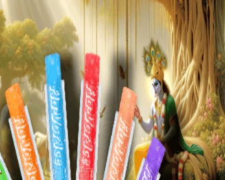 a group of seven seven chakrai sticks with a woman sitting on a bench