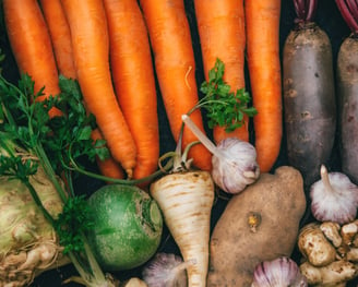 A selection of root crops - carrots, parsnips, beets, and more!