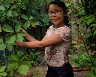 A girl harvesting from the family trellis in the garden. 