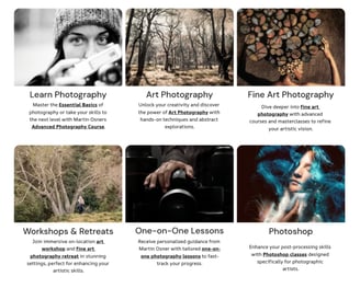 Overview of photography classes offered by Martin Osner, including art, fine art, workshops, private lessons, and Photoshop.