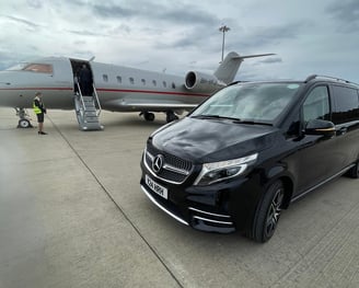 Private Jet Transfers | Mercedes V Class next to Vista Jet | Smart City Prestige