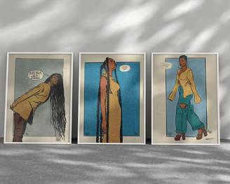 three framed art prints of a woman in a yellow jacket