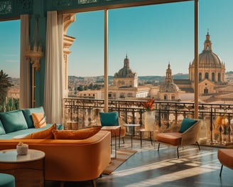 a living room with a view of a city in Spain